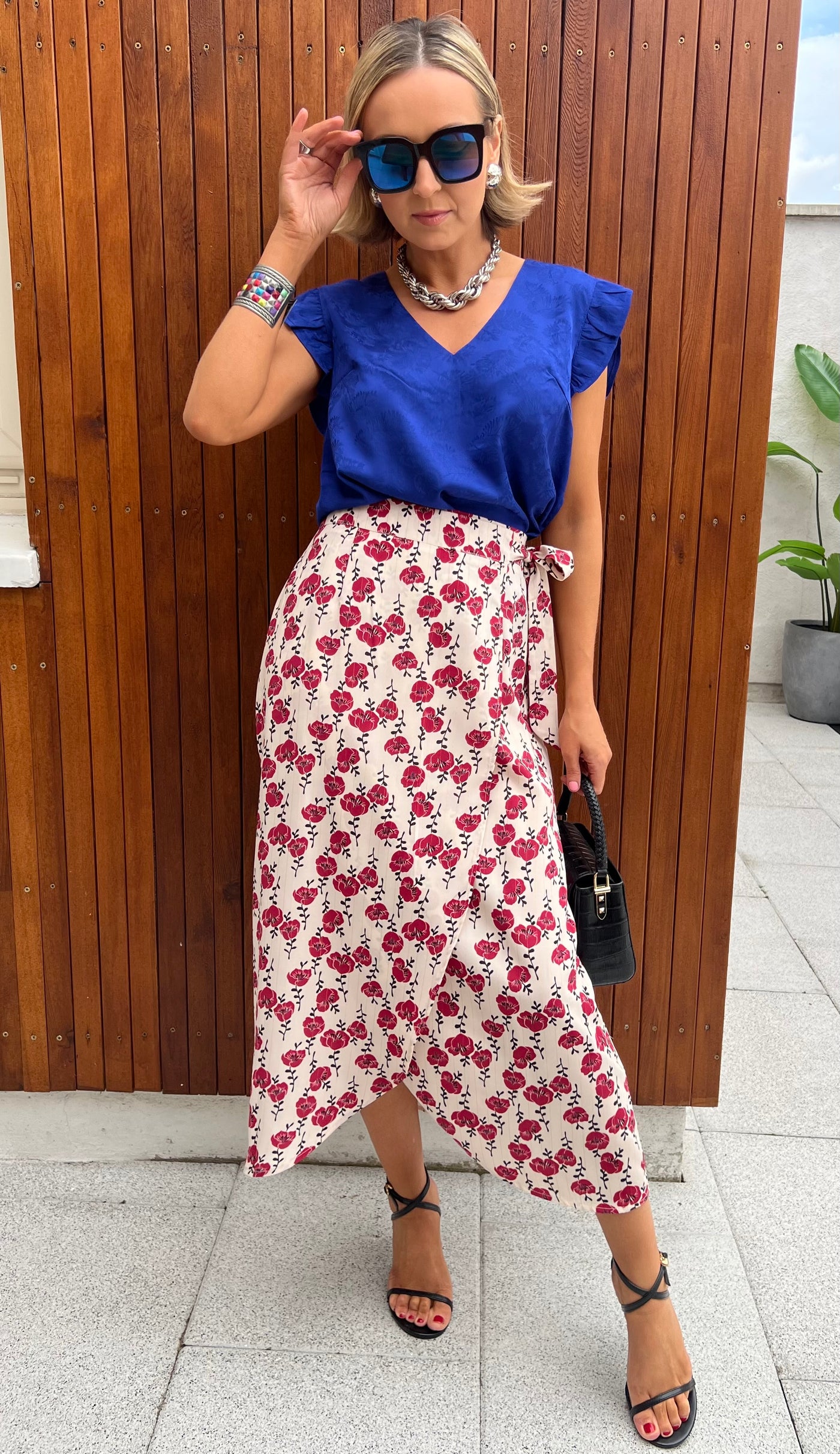 Red Floral Midi Wrap Skirt r2121