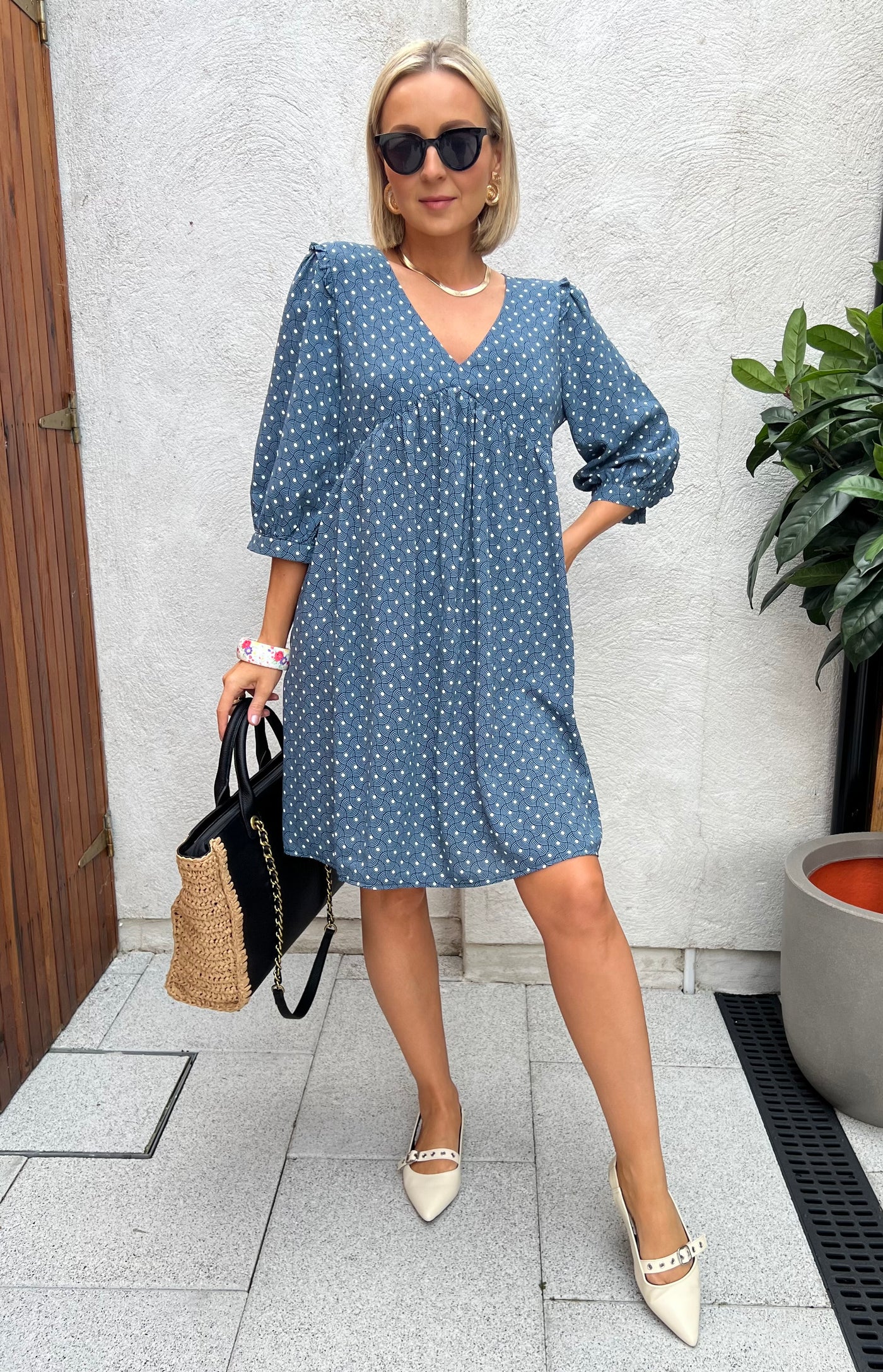 Blue Retro Printed 3/4 Sleeve Smock Dress R1750