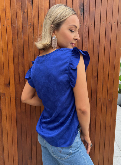 Royal Blue Silky Frill Sleeve Top r2758