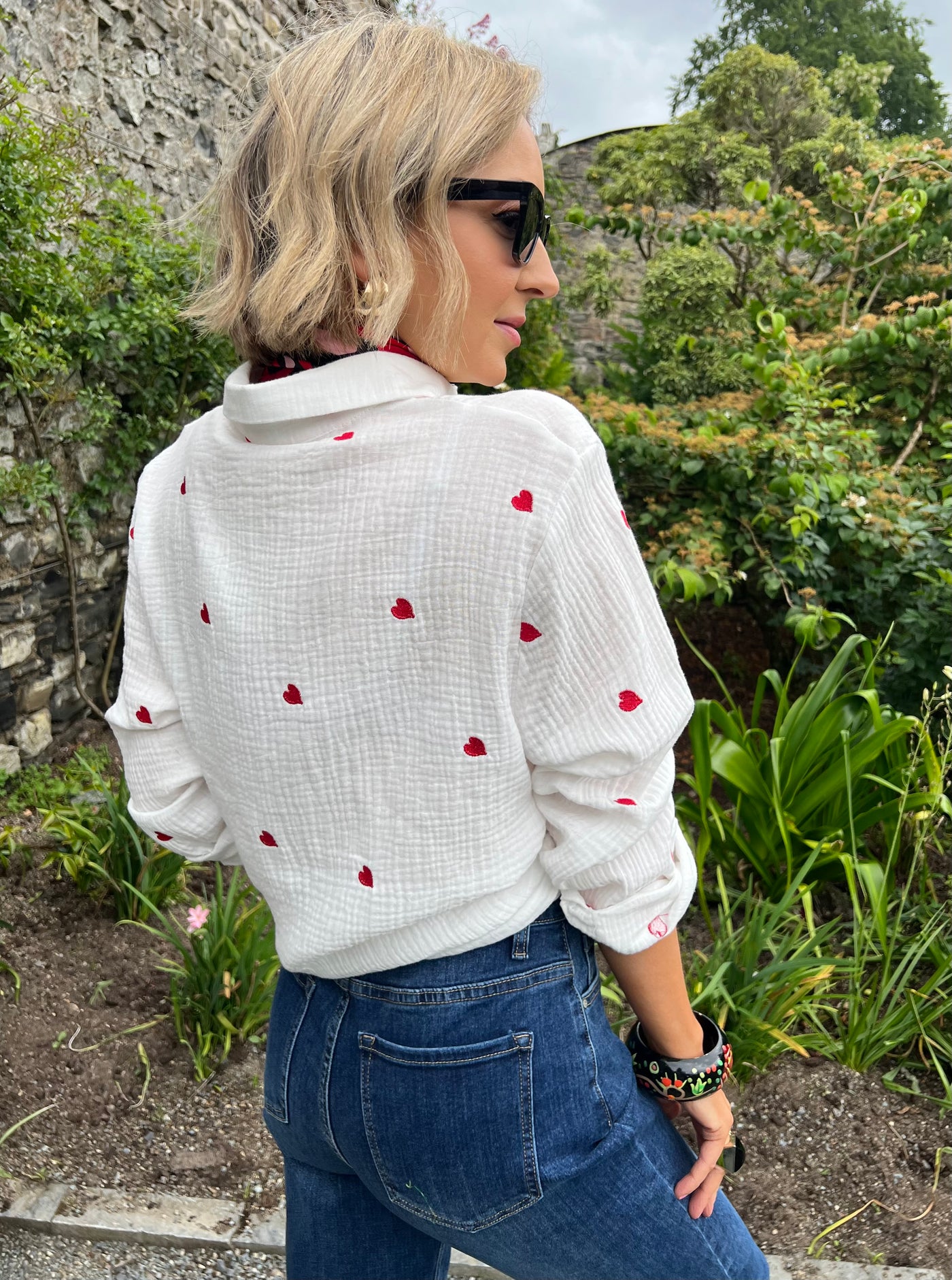 Red Heart Detail Cotton Button-Up Shirt m8085