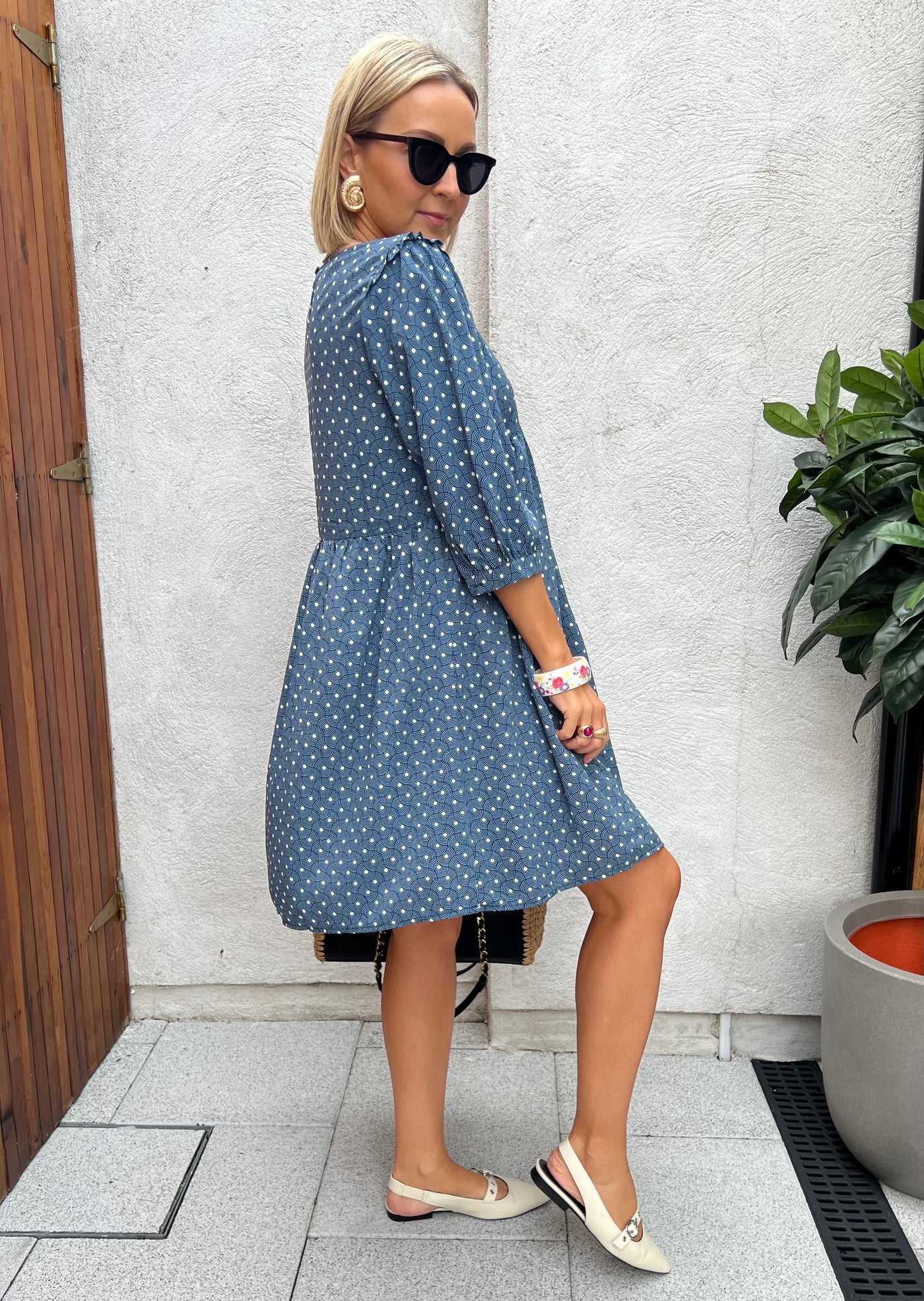 Blue Retro Printed 3/4 Sleeve Smock Dress R1750