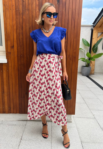 Red Floral Midi Wrap Skirt r2121