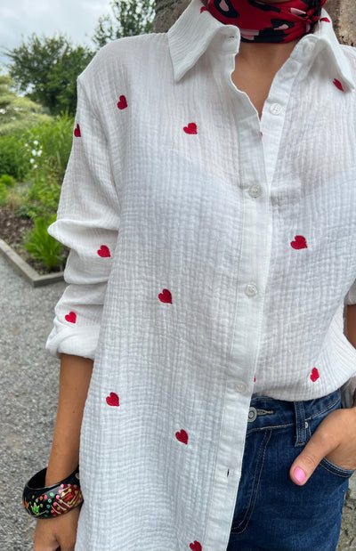 Red Heart Detail Cotton Button-Up Shirt m8085