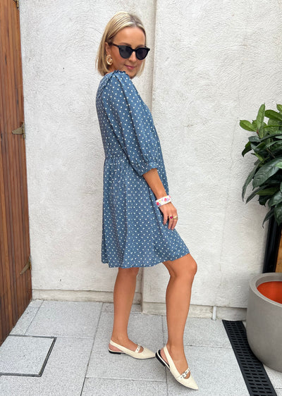 Blue Retro Printed 3/4 Sleeve Smock Dress R1750